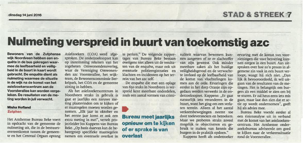 Krantenartikel De Stentor Nulmeting komst azc 14062016